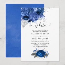 Invitación Actualización de boda floral azul real y plata
