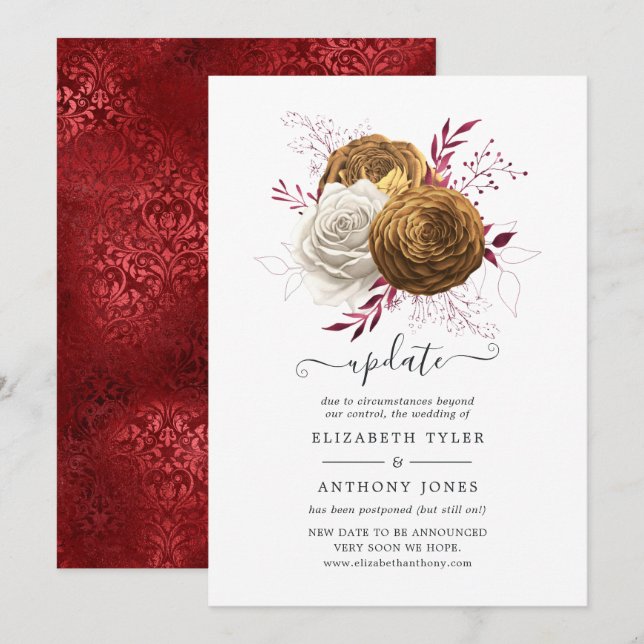 Invitación Actualización de Boda floral blanco, borgoñés y do (Anverso / Reverso)