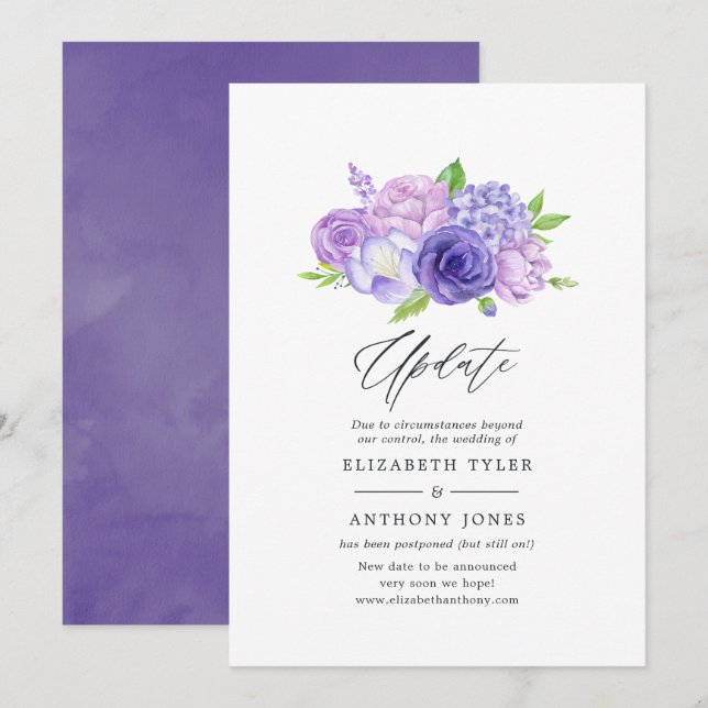 Invitación Actualización de Boda floral de acuarela ultra vio (Anverso / Reverso)