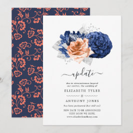 Invitación Actualización de boda floral de coral, navy y plat
