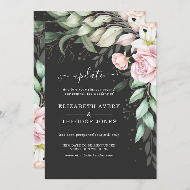 Invitación Actualización de Boda Floral de Lujo Negro y Rosa (Anverso / Reverso)