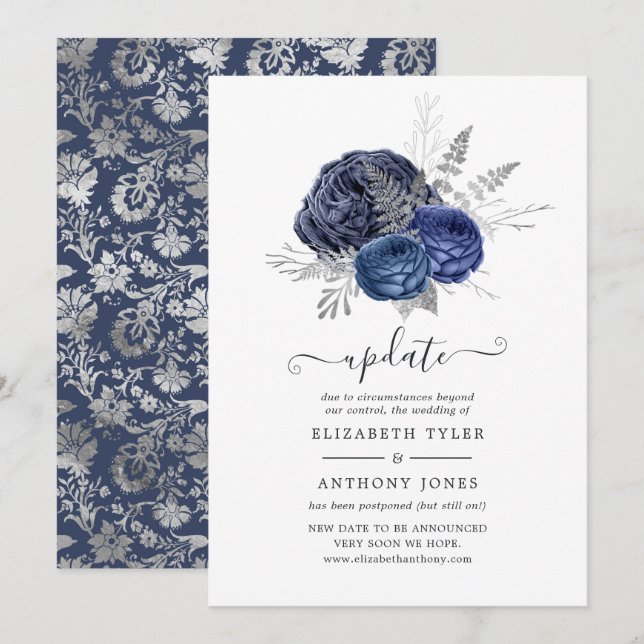 Invitación Actualización de Boda floral de navío y plata (Anverso / Reverso)