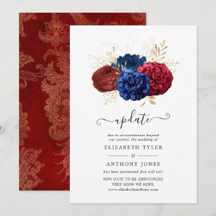 Invitación Actualización de boda floral de oro y rojo de la M