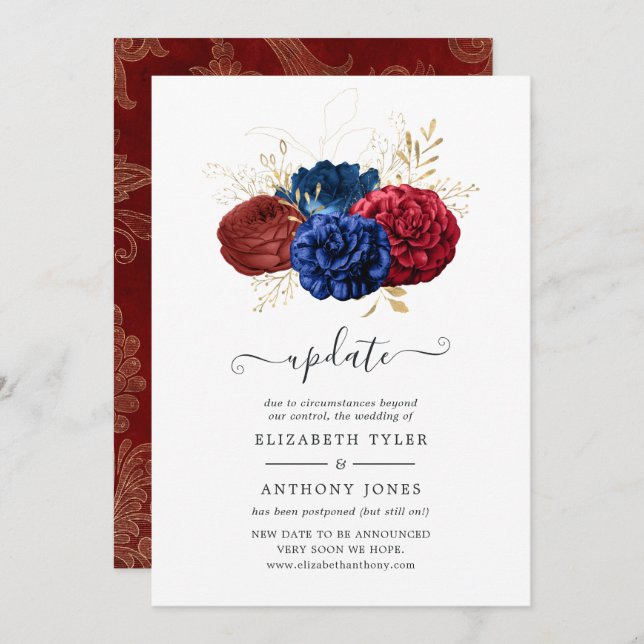 Invitación Actualización de Boda floral naval, rojo y dorado (Anverso / Reverso)