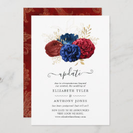 Invitación Actualización de Boda floral naval, rojo y dorado