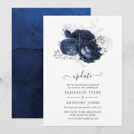 Invitación Actualización de boda floral plateada y azul marin