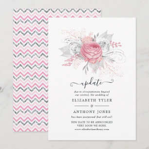 Invitación Actualización de boda floral plateada y rosa falsa
