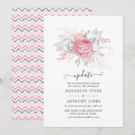 Invitación Actualización de boda floral plateada y rosa falso