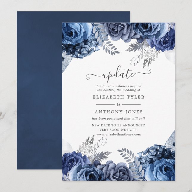 Invitación Actualización de Boda floral plateado en blanco y  (Anverso / Reverso)