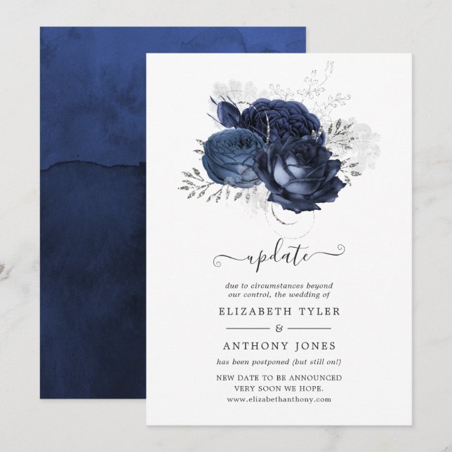 Invitación Actualización de Boda floral plateado Purpurina de (Anverso / Reverso)