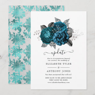Invitación Actualización de boda floral turquesa, negro y pla