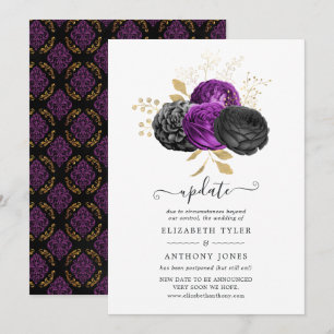 Invitación Actualización de boda gótica floral negra, púrpura