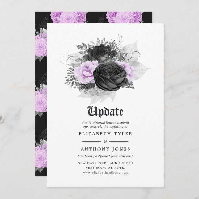 Invitación Actualización de Boda gótico floral morado negro y (Anverso / Reverso)