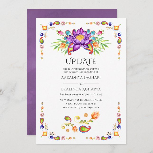 Invitación Actualización de Boda indio de moda Floral Paisley (Anverso / Reverso)