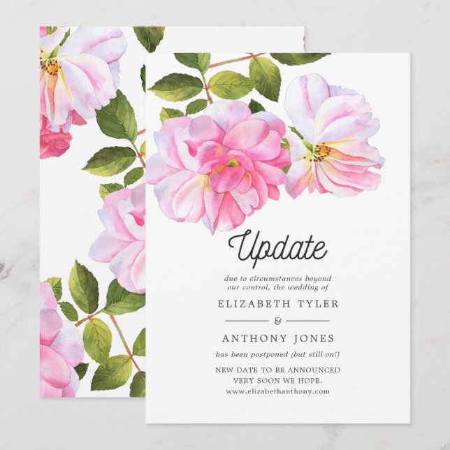 Invitación Actualización de Boda pospuesto de Pink Rose Garde (Anverso / Reverso)