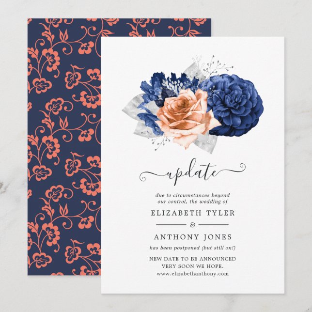 Invitación Actualización de Bodas florales de coral, marina y (Anverso / Reverso)