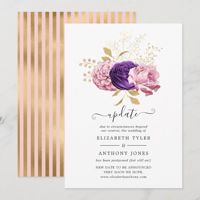Invitación Actualización de Bodas posponentes de color rosa y (Anverso / Reverso)