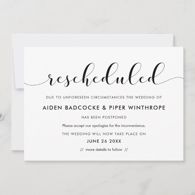Invitación actualización de fecha boda reprogramada de moda (Anverso)