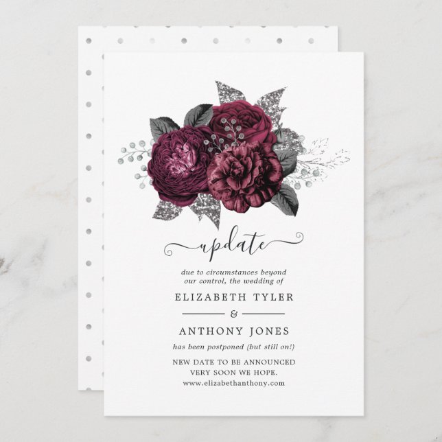 Invitación Actualización de Marsala, Boda floral negro y plat (Anverso / Reverso)