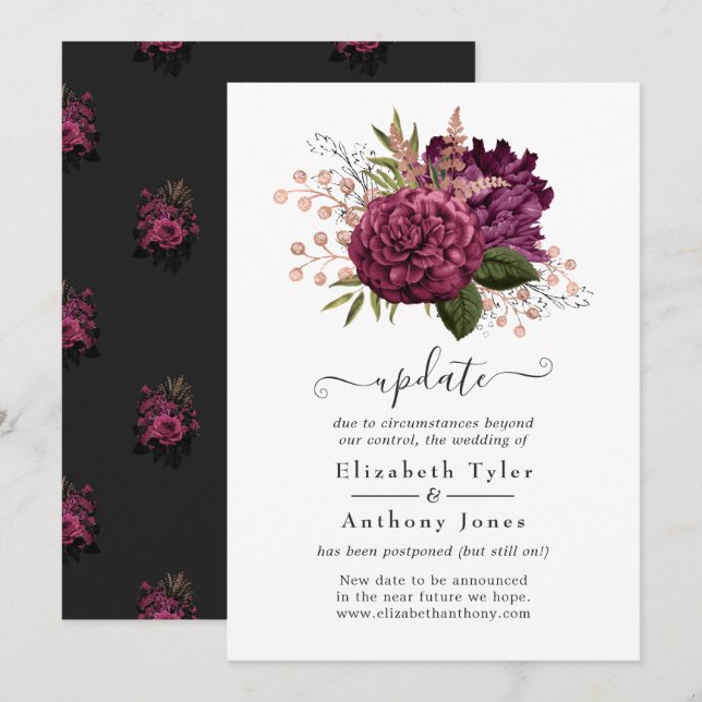 Invitación Actualización de Marsala y Rosa Gold Floral Boda (Anverso / Reverso)