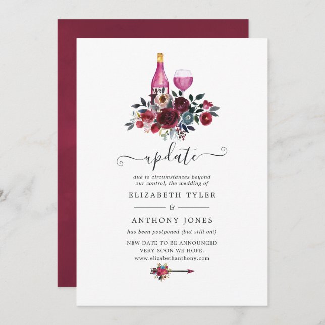 Invitación Actualización del Boda de ayuno de borgoña Floral  (Anverso / Reverso)