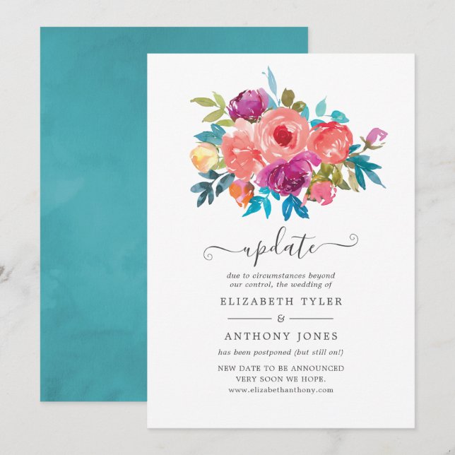Invitación Actualización del Boda de flores corales, turquesa (Anverso / Reverso)