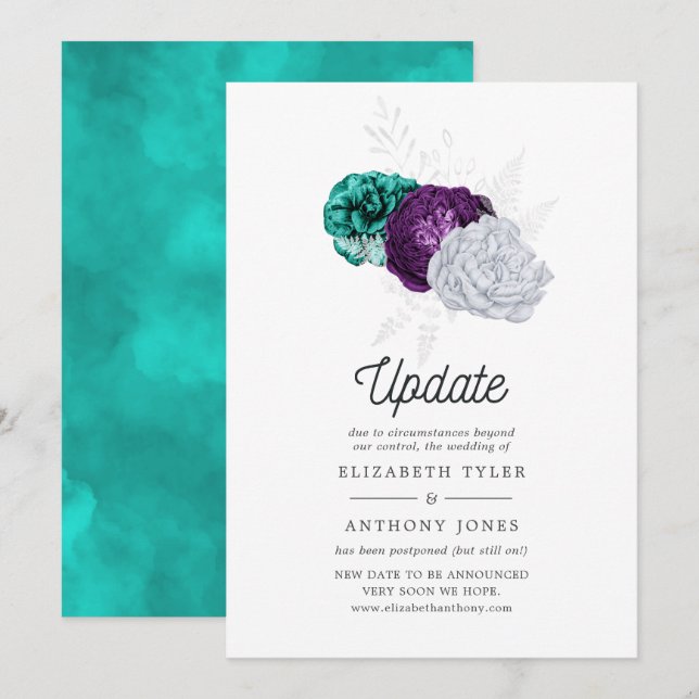 Invitación Actualización del Boda de flores rusas violetas y  (Anverso / Reverso)