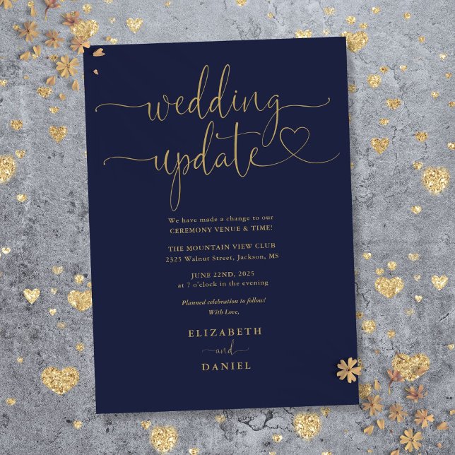 Invitación Actualización del Boda de guiones de Navy Blue and (Navy Blue And Gold Heart Script Wedding Update Invitation)