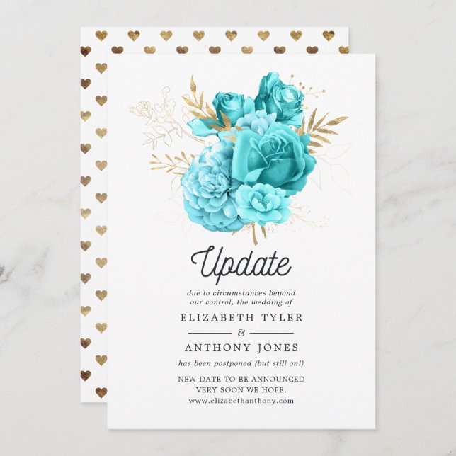 Invitación Actualización del Boda floral Aqua Blue and Gold (Anverso / Reverso)
