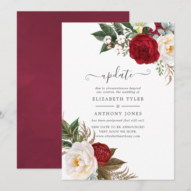 Invitación Actualización del Boda Floral Blanco y Rojo de Boh (Anverso / Reverso)