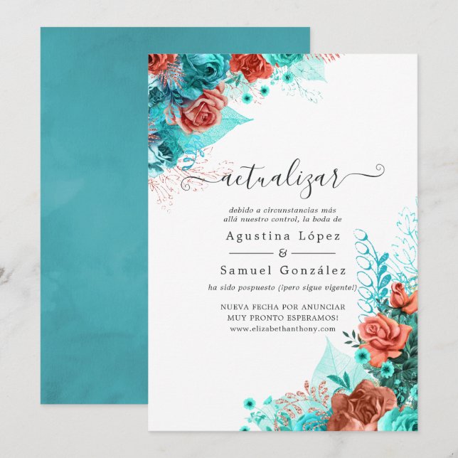Invitación Actualización del Boda floral castellano-turquesa  (Anverso / Reverso)