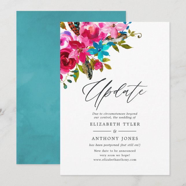 Invitación Actualización del Boda floral de la Moda Boho acua (Anverso / Reverso)