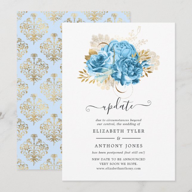 Invitación Actualización del Boda Floral Pastel Blue y Gold (Anverso / Reverso)