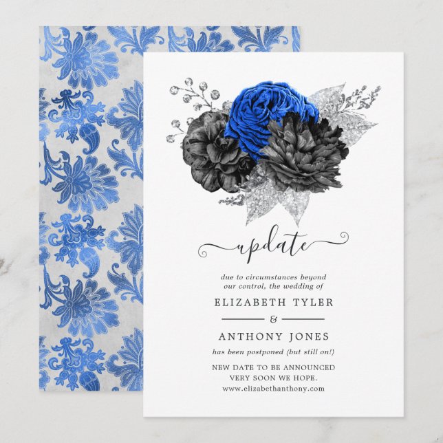 Invitación Actualización del Boda floral real azul, negro y p (Anverso / Reverso)