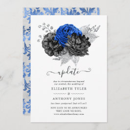Invitación Actualización del Boda floral real azul, negro y p