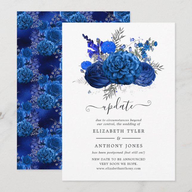 Invitación Actualización del Boda floral real azul y plateado (Anverso / Reverso)