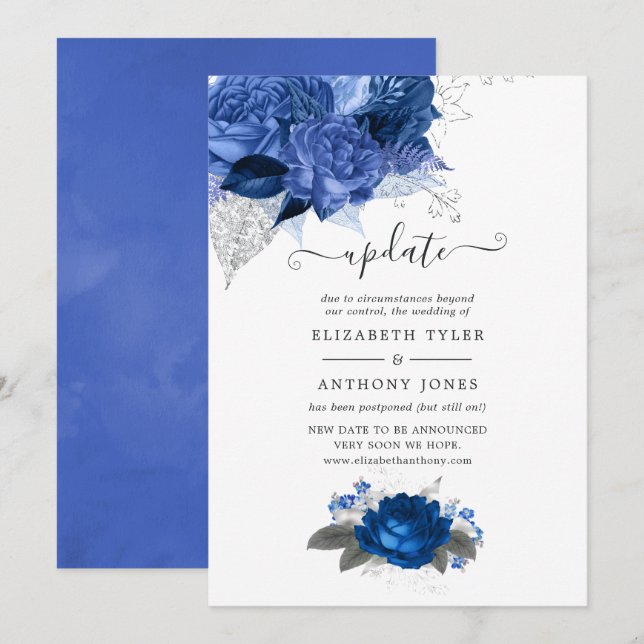 Invitación Actualización del Boda floral real azul y plateado (Anverso / Reverso)