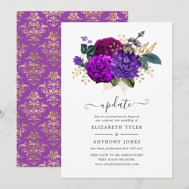 Invitación Actualización del Boda floral real morado y dorado (Anverso / Reverso)