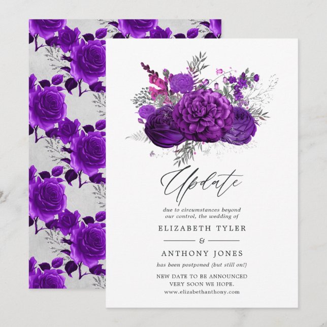 Invitación Actualización del Boda floral real morado y platea (Anverso / Reverso)