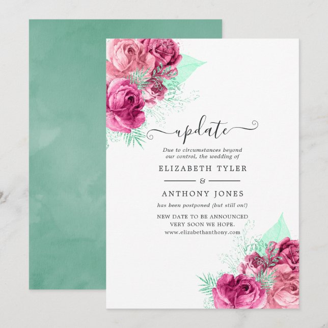 Invitación Actualización del Boda floral rosa y mint (Anverso / Reverso)