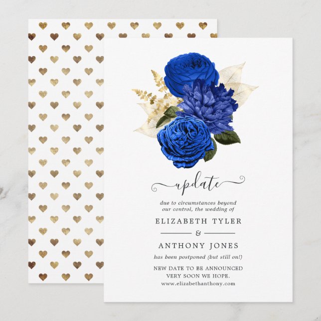 Invitación Actualización del Boda floral Royal Blue & Faux Re (Anverso / Reverso)