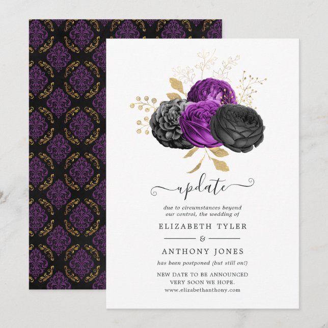 Invitación Actualización del Boda gótico floral negro morado  (Anverso / Reverso)