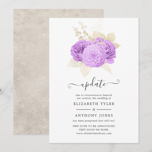 Invitación Actualización del Boda morado y floral de marfil (Anverso / Reverso)
