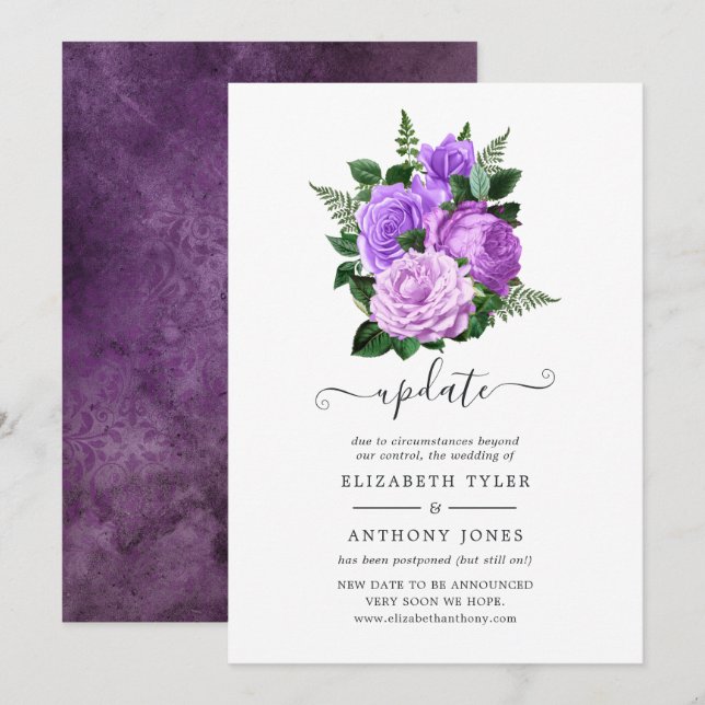 Invitación Actualización del Boda morado y verde floral (Anverso / Reverso)
