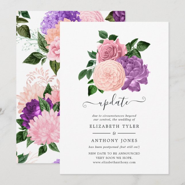 Invitación Actualización del Boda Peach Pink & Lavender Purpl (Anverso / Reverso)