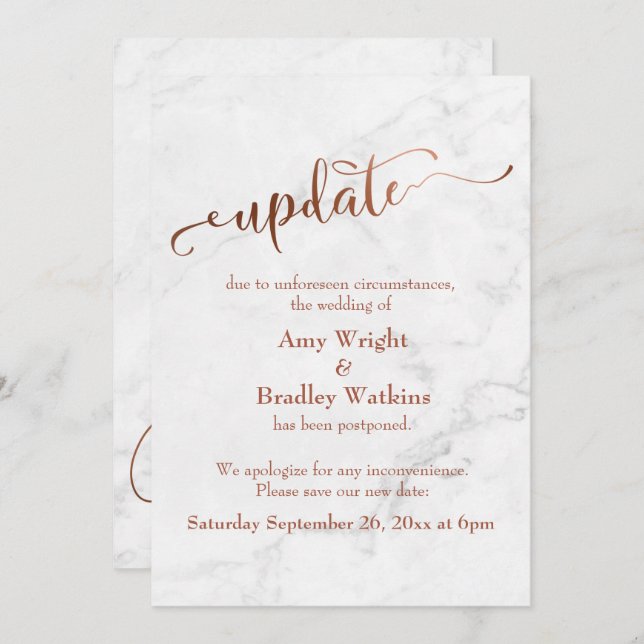 Invitación "Actualización" del Boda pospuesto de Marble Coppe (Anverso / Reverso)