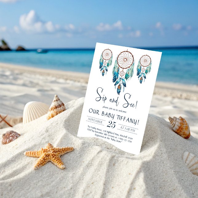 Invitación Acuamarine Watercolor Dreamcatcher Sip y See (Aquamarine Watercolor Dreamcatcher Sip and See Invitation)
