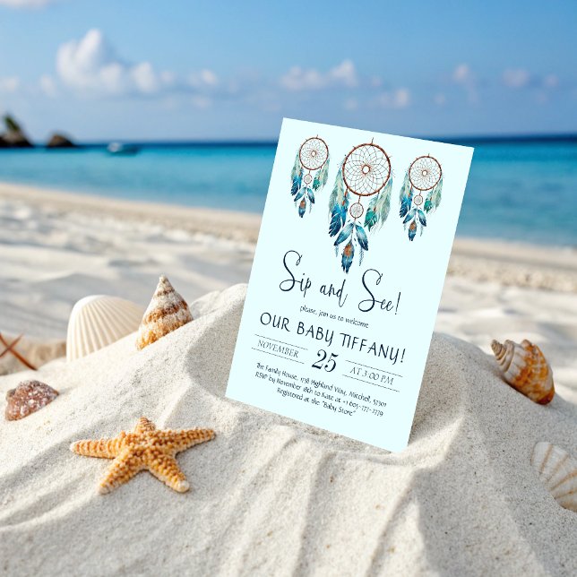 Invitación Acuamarine Watercolor Dreamcatcher Sip y See (Aquamarine Watercolor Dreamcatcher Sip and See Invitation)