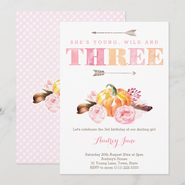 Invitación acuarela 3 cumpleaños fiesta invitación, calabaza  (Anverso / Reverso)