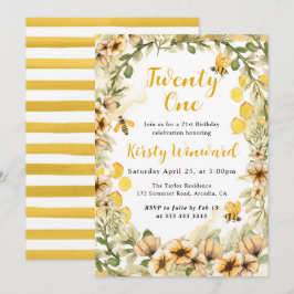 Invitación Acuarela Abejas y Flores de Verano Cumpleaños 21
